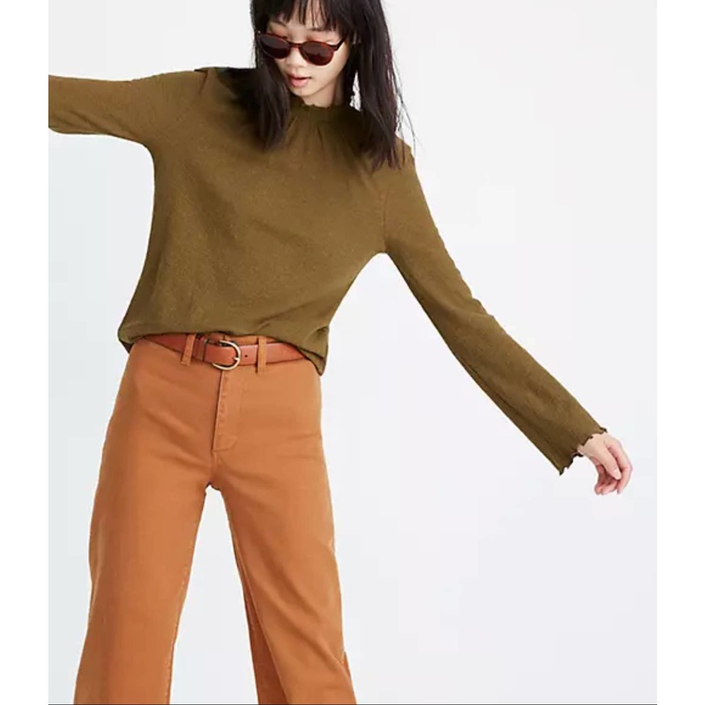 Madewell Texture & Thread Moss Green Ruffled Mockneck Top Size Medium